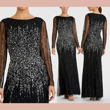 NEW Mac Duggal  4  9226 High Neck Sequin Embellished Long Sleeve Gown BLK J914