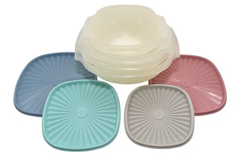 Tupperware New VTG Classic Sheer Servalier Bowl Set w/ Pastel Sunburst Seals