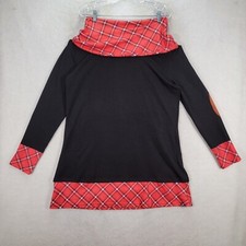 Black Stretch Knit Plaid Turtleneck A Line Tunic Micro Mini Women Dress Size XL