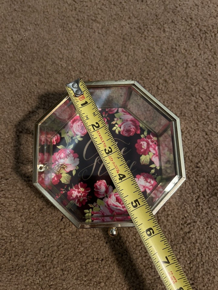 Glass Floral Jewelry Box, Octagon Gold Jewelry Display Small Jewelry