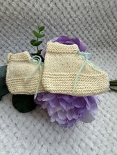 Vintage Hand-Knitted Baby Booties Cream  Mint Green Soft Yarn Heirloom Quality