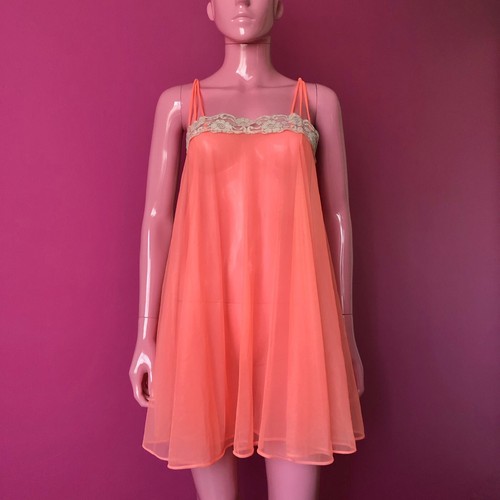 Vintage 60s M Babydoll Nightie Mini Neon Coral Sheer Nylon Lace Double Layered