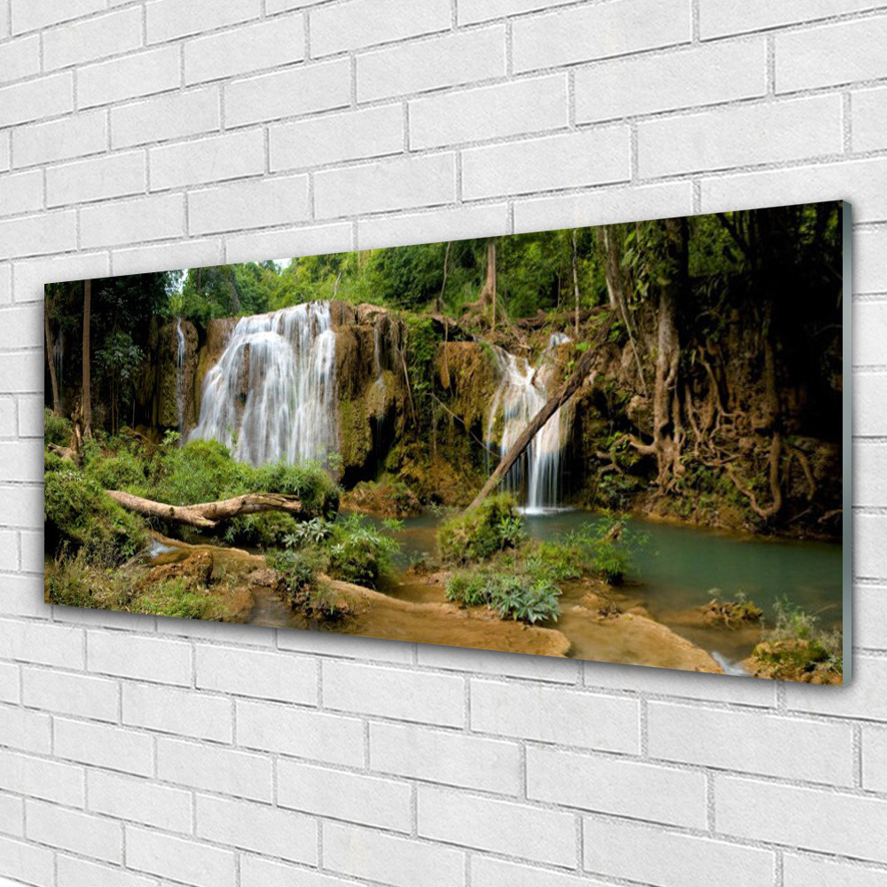 Tableaux en verre véritable 125x50 cm paysage de cascade avec finition premium brillante