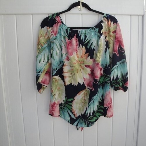 Veronica Blouse Women's Small Tropical Floral Print Vacation Coastal Vibes Tie - Picture 3 of 3