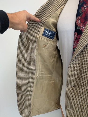 Polo Ralph Lauren Men Houndstooth Blazer 100% Flax Beige Tan 44R Made in Italy - Picture 7 of 12