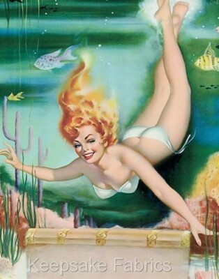 Pin Up Lady Underwater Treasure Crazy Quilt Block Multi Szs