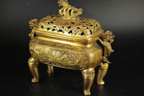 Chinese Old Copper carved dragon Feng Shui Geomantic Incense Burners