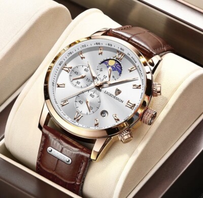 LIGE Herren Armbanduhr Chronograph Gehäuse Gold Zifferblatt Silber Lederarmband