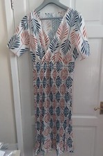 Pleated Skirt Dress White Brown Blue Leaves Leafs Uk M See Measurements