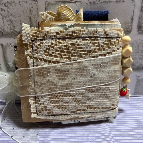 Lace-Covered Fabric Junk Journal • Neutral Handmade Journal with Beads & Ribbon - Picture 13 of 13