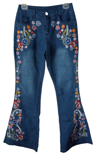 Blaue Damenjeans mit Blumenstickerei Gr. 28x30 Schlaghosen 5 Taschen