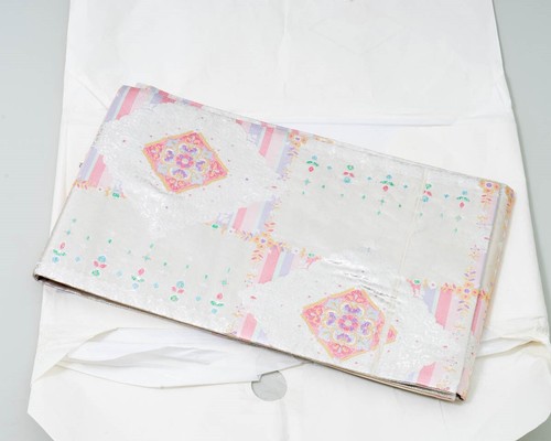 Japanese Silk Kimono in Original Papers Silver, Green, Purple & Pink 174" Total - Picture 4 of 5