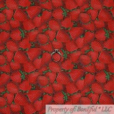 BonEful FABRIC FQ Cotton Quilt Red Strawberry Fruit Green Leaf Market Flower Dot