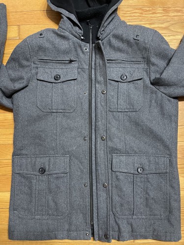 Guess Wool Coat Mens Vintage Hooded Grey Vented Pockets Quilted Lining Zip Snaps - Picture 3 of 10