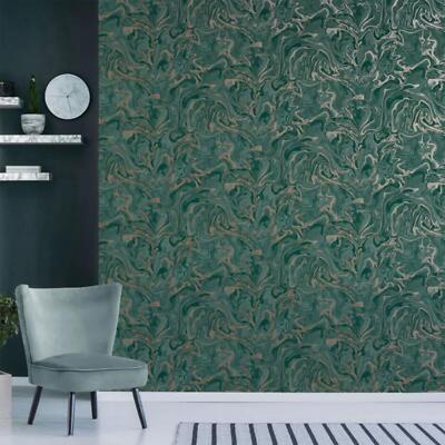 Abstract Liquid Marble Wallpaper Metallic Washable Fine Decor FD43058 Green Gold
