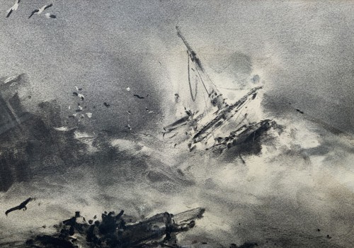 UNA DRAMÁTICA PINTURA AL CARBÓN PAISAJE MARINO NAUFRAGIO VICTORIANO DEL SIGLO XIX - Imagen 8 de 11