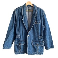 Lizwear Oversized Denim Blazer Jean Jacket 10 M Cinched Waist 80s 90s Vintage