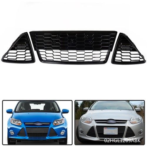 Fit For 2012 2013 2014 Ford Focus 3Pcs Honeycomb Front Bumper Lower Grille Grill