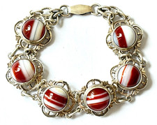 Antique 1900's Arts & Crafts ZOLTAN WHITE St Silver Agate Bracelet 7”