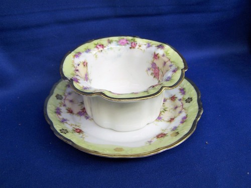 LIMOGES,     FINGER BOWL  and UNDERPLATE,  Green band, gold trim & roses bouquet - Picture 1 of 6