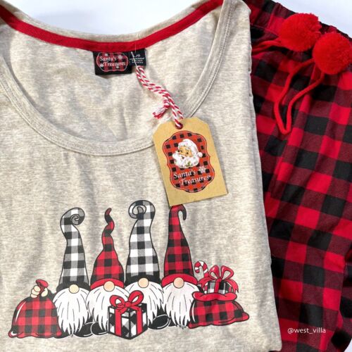 Gnome Plaid Womens Long Sleeve Pajama Set Sleep Lounge Cozy PJ Gray Red Black