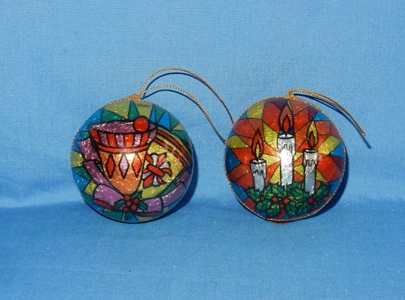 Vintage Japan Unbreakable Bell & Candle Foil Stained Glass Christmas Ornaments