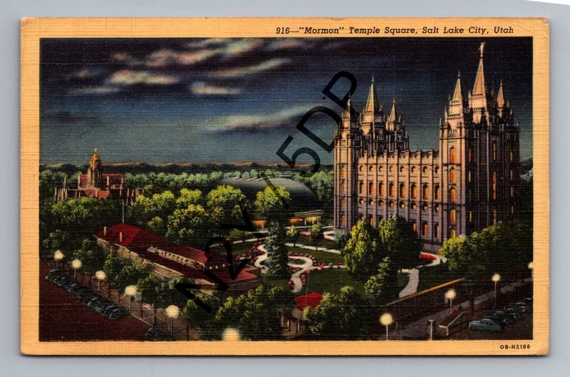 Salt Lake City Utah Mormon Temple Square Night Linen Postcard 1948 Curteich