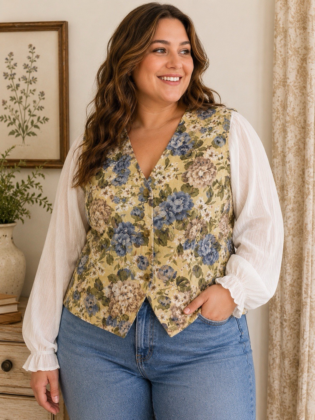 Reversible Floral Stripe Vest Woman’s XL  Cottagecore Button Front Boho
