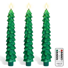 Christmas Tree Taper Candles with Remote & Timer, Green LED 3pcs,7inch