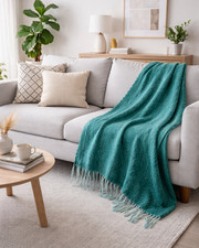 Teal Wool Blend Throw Blanket with Fringe - Oversized Soft Cozy Luxury. GRN-61