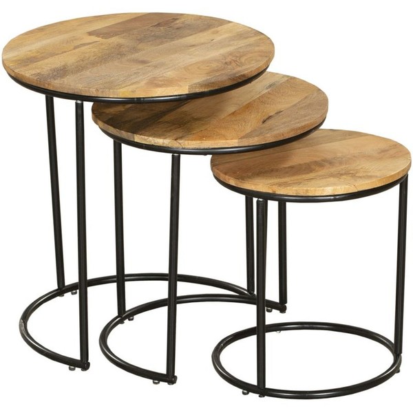Beistelltisch 3Er Set Rund Ø 36/43/50 Cm Mangoholz Stahl Natur Schwarz Tisch-image