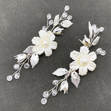 Pearls Flower Hair Clips 2Pcs Bridal Ivory Floral Silver Leaf Vine Hair Pieces A