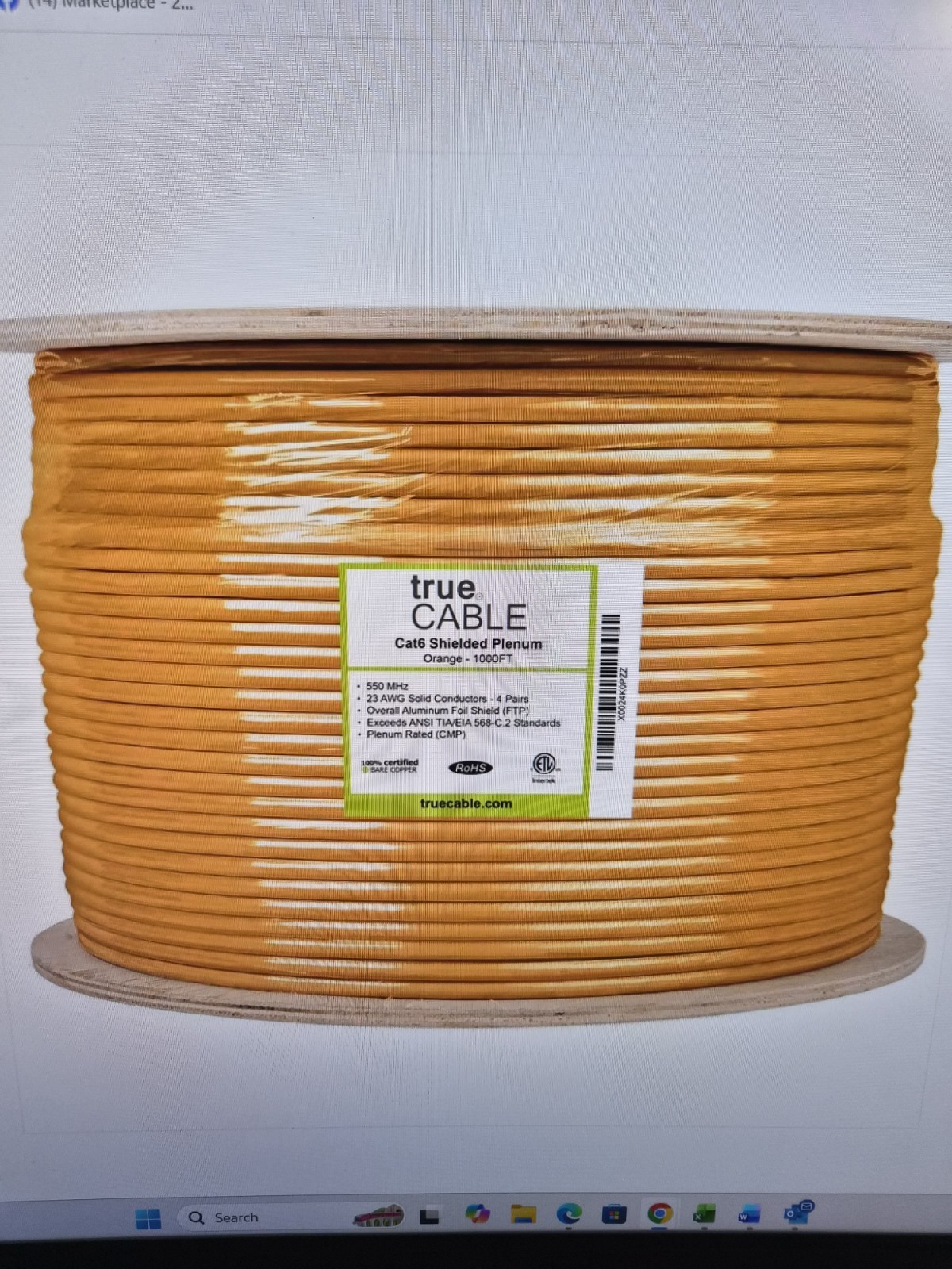 NEW TRUE CABLE Cat6 Plenum Ethernet Cable｜Shielded 6ESCMPORG_1Krl 1,000FT