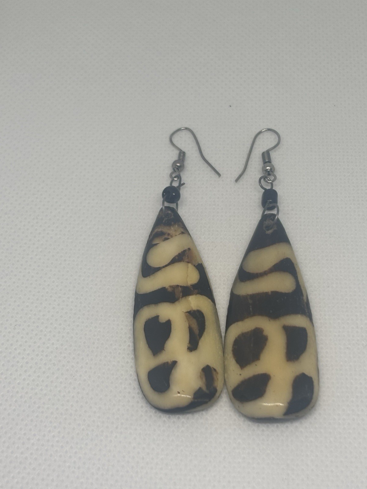 Tribal Dangle Earrings Brown Bone/Shell Teardrop … - image 1