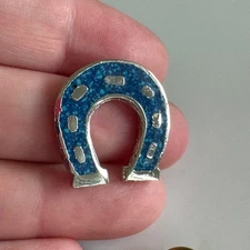 Vintage Blue Faux Turquoise Horseshoe Good Luck Enamel Lapel Hat Pin Tie Tack