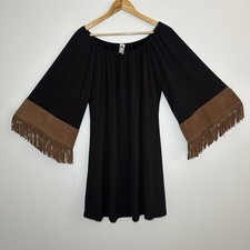 Honeyme Made In LA little Black Dress Fringe Flare Sleeves Large Boho Cowgirl