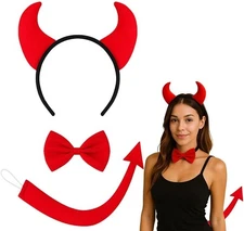 Devil Costume Accessories Set – 3Pcs Red Devil Horns Headband, Bow Tie and Tai