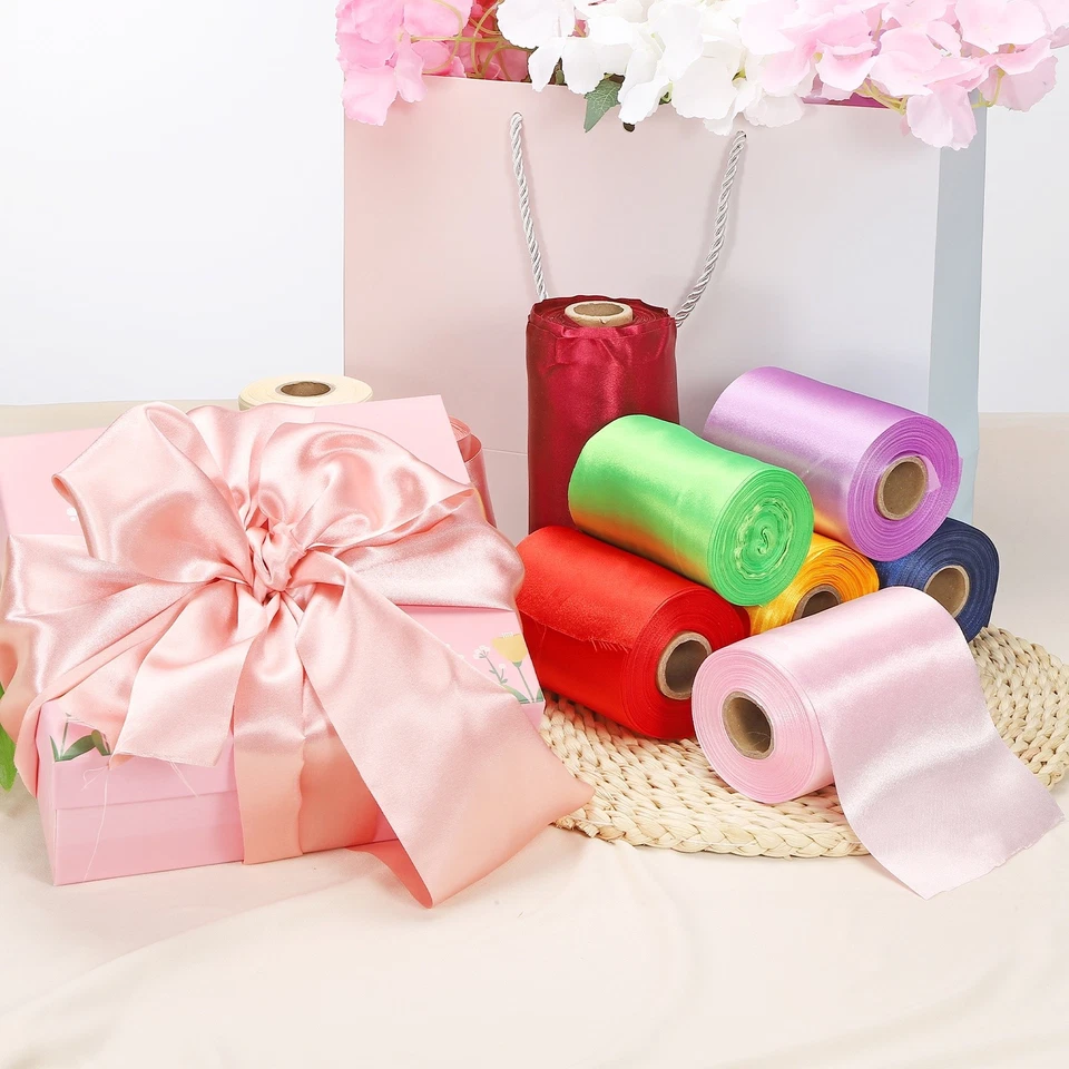 Cinta de satén de 4 pulgadas de ancho, cinta sólida de una sola cara de 22 yardas, rosa Foto 4 de 4