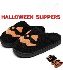 Halloween Jack O Lantern Pumpkin Slippers Black Orange Plush House Shoes Womens