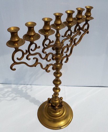 Antique Menorah Polish Brass Rotating Arms 7 Branch 1890s 22" Hanukkah - Picture 10 of 12