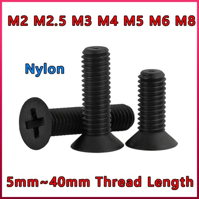 Nylon Countersunk Flat Head Screws Black Plastic Phillips Bolts M2 M2.5 M3 M4~M8