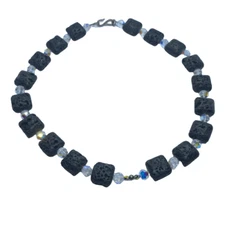 Unique Vintage AB Crystal & Lava Rock Bead Necklace w/ Sterling Silver Clasp
