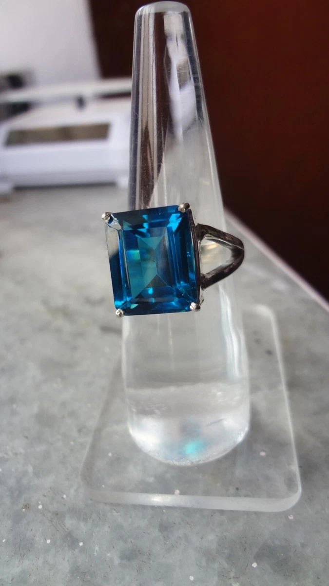 Natural Blue Topaz 6 Carat Emerald Cut London Blue Topaz Ring for