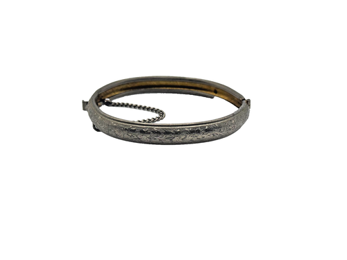 Vintage Silver-Plated Floral Etched Hinged Bangle Bracelet With Safety Chain - Picture 4 of 5