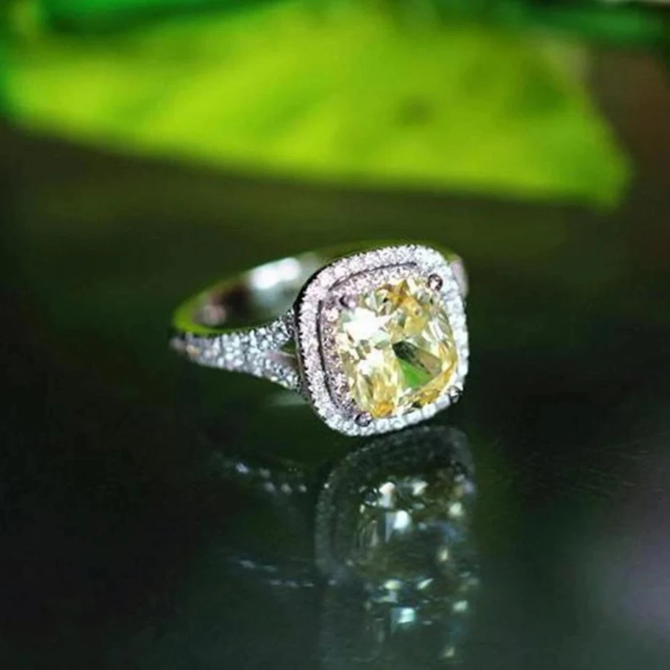 Anillo de diamantes de zafiro amarillo natural corte cojín de 3,70 quilates de oro blanco de 14 quilates talla 7 Foto 3 de 4