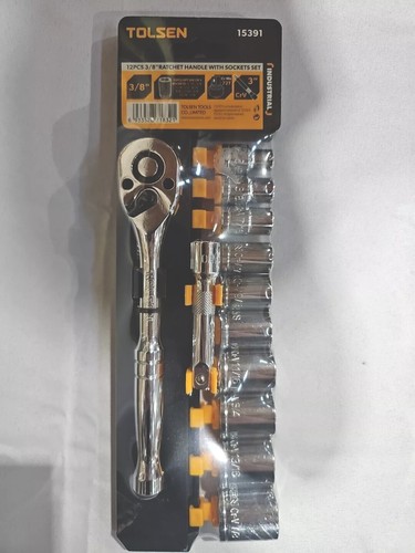 Tolsen Juego de 12 Piezas 3/8" Mango de Trinquete y Enchufes Industrial SAE 15391