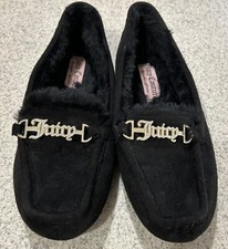 Juicy Couture Womens 9M Faux Fur Black Suede Loafers Slippers Crystal Gold Logo