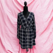 Charlotte Russe Plaid V-Neck Mini Dress Long Sleeve Belted Multicolor Size S
