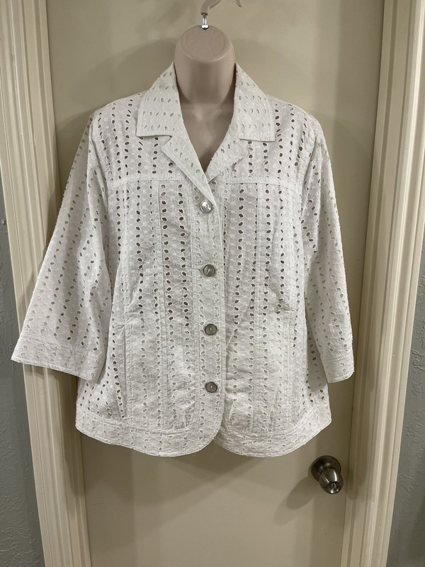 TanJay Women's White Button Up Jacket 3/4 Sleeve Size 14 EUC