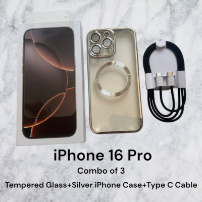 Combo 3~Apple iPhone 16 Pro 6.3'' Case Silver+USB Type C+Tempered Glass~Mag Safe